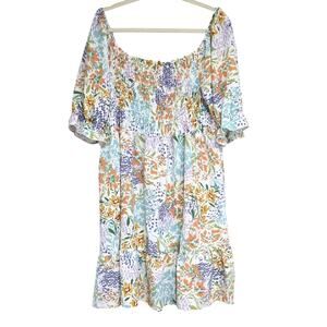 NWT Womens Sz 3XL Garden Gypsy Colorful Floral Smocked Beach Coastal Midi Dress